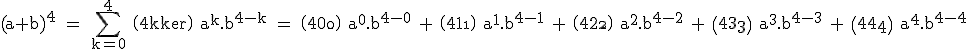 3$\rm (a+b)^4 = \Bigsum_{k=0}^4 \(4\\k\) a^k.b^{4-k} = \(4\\0\) a^0.b^{4-0} + \(4\\1\) a^1.b^{4-1} + \(4\\2\) a^2.b^{4-2} + \(4\\3\) a^3.b^{4-3} + \(4\\4\) a^4.b^{4-4}